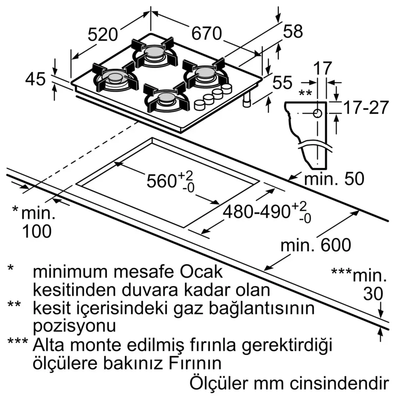 BOSCH POH7C2P30O Serie 4 Gazlı Ocak 67 cm Sert cam, Beyaz