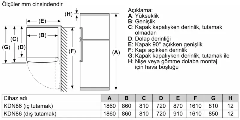 KDN86AWE1N Serie 6  Üstten Donduruculu Buzdolabı 186 x 86 cm Beyaz,